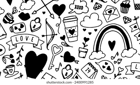 VECTOR Valentine's day doodle set. Lineart, black and white
