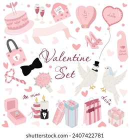 Vector Valentines Day element set with heart shape, flowers, air balloons etc.