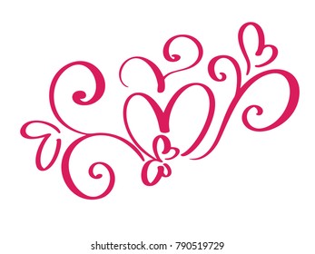 Vector Valentines day of flourish calligraphy vintage hearts. Hand drawn sketchy calligraphy valentine love and wedding greeting card