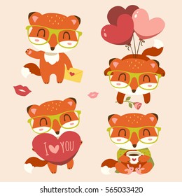 vector valentine's day fox with heart set