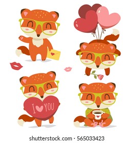 vector valentine's day fox with heart set