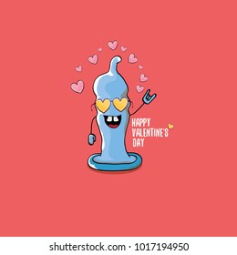 Vector Valentines day greeting card with funny cartoon cool blue condom character and calligraphic greeting text on lovely pink background. Conceptual valentines day comic funky poster for man