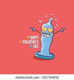Vector Valentines day greeting card with funny cartoon cool blue condom character and calligraphic greeting text on lovely pink background. Conceptual valentines day comic funky poster for man