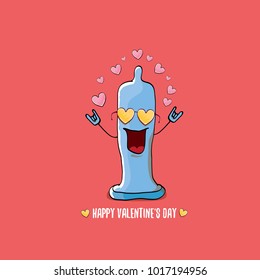 Vector Valentines day greeting card with funny cartoon cool blue condom character and calligraphic greeting text on lovely pink background. Conceptual valentines day comic funky poster for man
