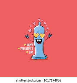 Vector Valentines day greeting card with funny cartoon cool blue condom character and calligraphic greeting text on lovely pink background. Conceptual valentines day comic funky poster for man