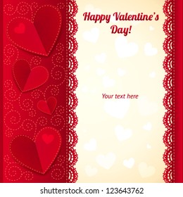 Vector Valentine's day greeting card with paper hearts and lacy background