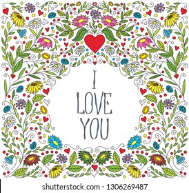 Vector Valentines Day Greeting Card. Abstract Love Illustration With Flowers and Hearts. Lettering I Love You