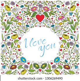 Vector Valentines Day Greeting Card. Abstract Love Illustration With Flowers and Hearts. Lettering I Love You