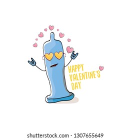Vector Valentines day greeting card with funny cartoon cool blue condom character and calligraphic greeting text isolated on white background. Conceptual valentines day comic funky poster for man