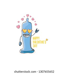 Vector Valentines day greeting card with funny cartoon cool blue condom character and calligraphic greeting text isolated on white background. Conceptual valentines day comic funky poster for man