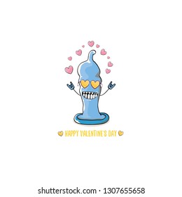 Vector Valentines day greeting card with funny cartoon cool blue condom character and calligraphic greeting text isolated on white background. Conceptual valentines day comic funky poster for man