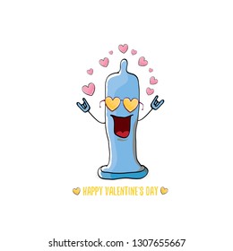 Vector Valentines day greeting card with funny cartoon cool blue condom character and calligraphic greeting text isolated on white background. Conceptual valentines day comic funky poster for man