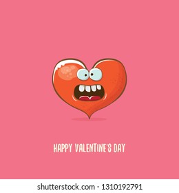 Vector Valentines day greeting card with funny cartoon heart character isolated on  pink background. Conceptual valentines day comic funky kids poster or banner with funky heart