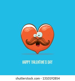 Vector Valentines day greeting card with funny cartoon heart character isolated on  blue background. Conceptual valentines day comic funky kids poster or banner