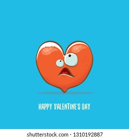 Vector Valentines day greeting card with funny cartoon heart character isolated on  blue background. Conceptual valentines day comic funky kids poster or banner