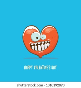Vector Valentines day greeting card with funny cartoon heart character isolated on  blue background. Conceptual valentines day comic funky kids poster or banner
