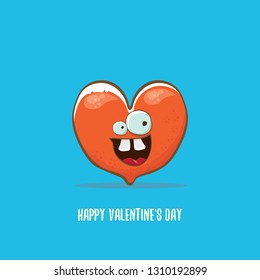 Vector Valentines day greeting card with funny cartoon heart character isolated on  blue background. Conceptual valentines day comic funky kids poster or banner