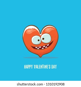 Vector Valentines day greeting card with funny cartoon heart character isolated on  blue background. Conceptual valentines day comic funky kids poster or banner