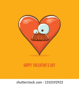 Vector Valentines day greeting card with funny cartoon heart character isolated on  orange background. Conceptual valentines day comic funky kids poster or banner with funky heart