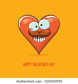 Vector Valentines day greeting card with funny cartoon heart character isolated on  orange background. Conceptual valentines day comic funky kids poster or banner with funky heart