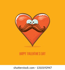 Vector Valentines day greeting card with funny cartoon heart character isolated on  orange background. Conceptual valentines day comic funky kids poster or banner with funky heart