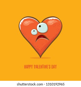 Vector Valentines day greeting card with funny cartoon heart character isolated on  orange background. Conceptual valentines day comic funky kids poster or banner with funky heart