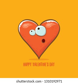 Vector Valentines day greeting card with funny cartoon heart character isolated on  orange background. Conceptual valentines day comic funky kids poster or banner with funky heart