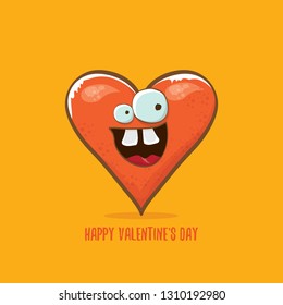 Vector Valentines day greeting card with funny cartoon heart character isolated on  orange background. Conceptual valentines day comic funky kids poster or banner with funky heart