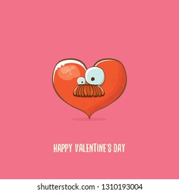 Vector Valentines day greeting card with funny cartoon heart character isolated on  pink background. Conceptual valentines day comic funky kids poster or banner with funky heart