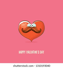 Vector Valentines day greeting card with funny cartoon heart character isolated on  pink background. Conceptual valentines day comic funky kids poster or banner with funky heart