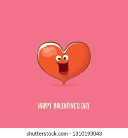 Vector Valentines day greeting card with funny cartoon heart character isolated on  pink background. Conceptual valentines day comic funky kids poster or banner with funky heart