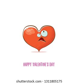 Vector Valentines day greeting card with funny cartoon heart character isolated on white background. Conceptual valentines day comic funky kids poster or banner 