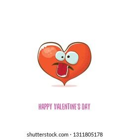 Vector Valentines day greeting card with funny cartoon heart character isolated on white background. Conceptual valentines day comic funky kids poster or banner 