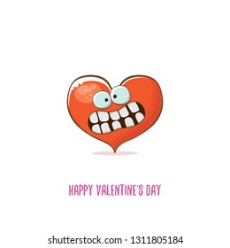 Vector Valentines day greeting card with funny cartoon heart character isolated on white background. Conceptual valentines day comic funky kids poster or banner 