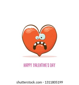 Vector Valentines day greeting card with funny cartoon heart character isolated on white background. Conceptual valentines day comic funky kids poster or banner 