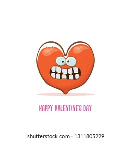 Vector Valentines day greeting card with funny cartoon heart character isolated on white background. Conceptual valentines day comic funky kids poster or banner 
