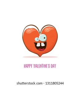 Vector Valentines day greeting card with funny cartoon heart character isolated on white background. Conceptual valentines day comic funky kids poster or banner 