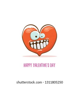 Vector Valentines day greeting card with funny cartoon heart character isolated on white background. Conceptual valentines day comic funky kids poster or banner 