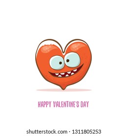 Vector Valentines day greeting card with funny cartoon heart character isolated on white background. Conceptual valentines day comic funky kids poster or banner 