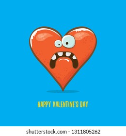 Vector Valentines day greeting card with funny cartoon heart character isolated on blue background. Conceptual valentines day comic funky kids poster or banner