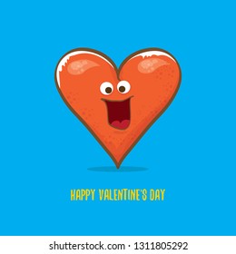 Vector Valentines day greeting card with funny cartoon heart character isolated on blue background. Conceptual valentines day comic funky kids poster or banner