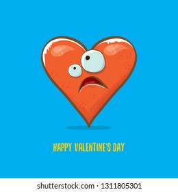 Vector Valentines day greeting card with funny cartoon heart character isolated on blue background. Conceptual valentines day comic funky kids poster or banner