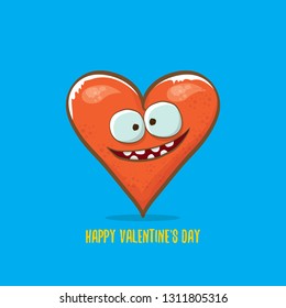 Vector Valentines day greeting card with funny cartoon heart character isolated on blue background. Conceptual valentines day comic funky kids poster or banner