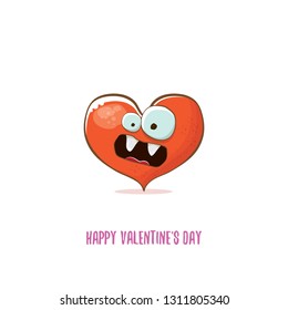 Vector Valentines day greeting card with funny cartoon heart character isolated on white background. Conceptual valentines day comic funky kids poster or banner 