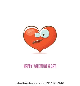 Vector Valentines day greeting card with funny cartoon heart character isolated on white background. Conceptual valentines day comic funky kids poster or banner 