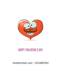 Vector Valentines day greeting card with funny cartoon heart character isolated on white background. Conceptual valentines day comic funky kids poster or banner 