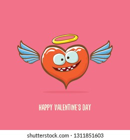 Vector Valentines day greeting card with funny cartoon heart character with wings and holy angel golden nimbus isolated on pink background. Conceptual valentines day comic funky kids poster