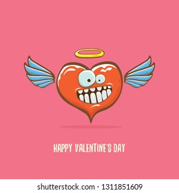 Vector Valentines day greeting card with funny cartoon heart character with wings and holy angel golden nimbus isolated on pink background. Conceptual valentines day comic funky kids poster