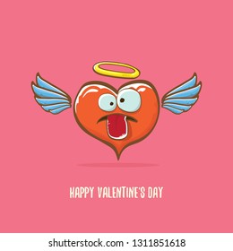 Vector Valentines day greeting card with funny cartoon heart character with wings and holy angel golden nimbus isolated on pink background. Conceptual valentines day comic funky kids poster