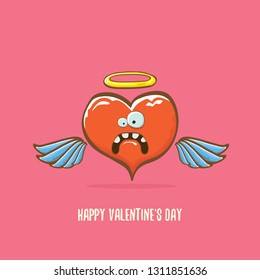 Vector Valentines day greeting card with funny cartoon heart character with wings and holy angel golden nimbus isolated on pink background. Conceptual valentines day comic funky kids poster